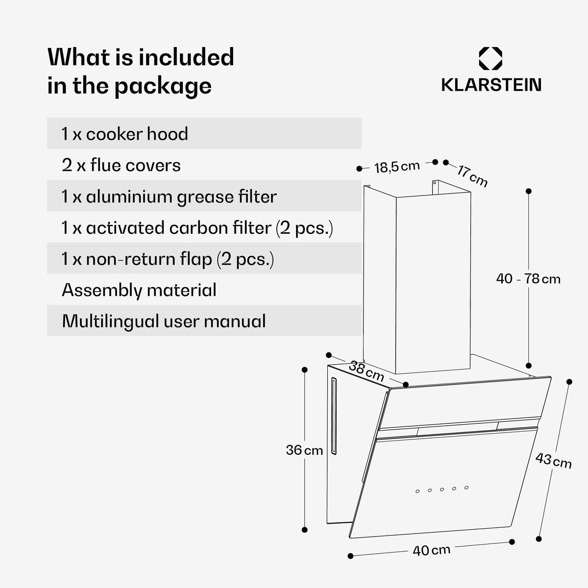 Klarstein Alina 90 Angled Cooker Hood - 615m³/h Air Flow, Touch Panel, LED Backlighting, Quiet 63dB, Energy Class A, 90cm Extractor Hood, Black