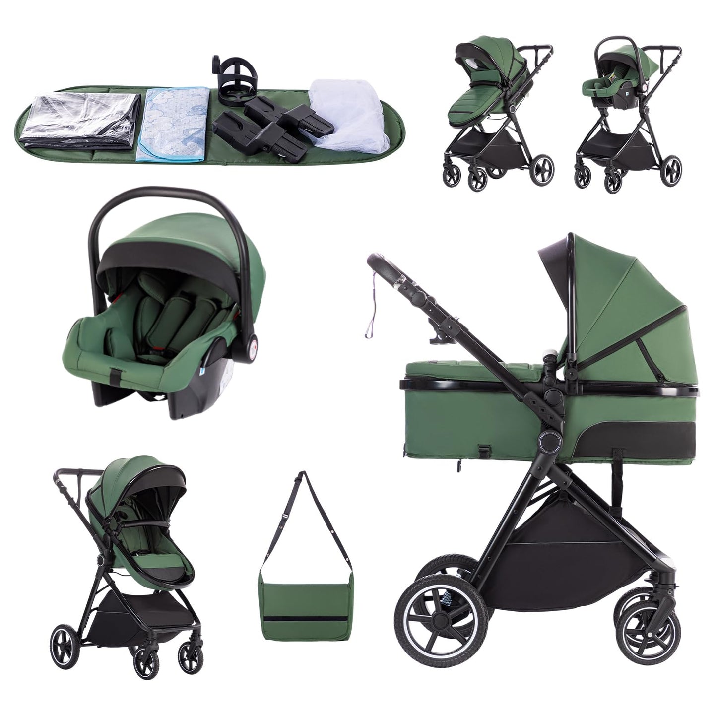 Zkipm Baby Pram 3 in 1, Foldable Baby Stroller,Pram Set Travel with Adjustable-Height Push Handle, Present Rain Cover, Mosquito Net, Bag, Cooling Mat, ect for Ages 0–3