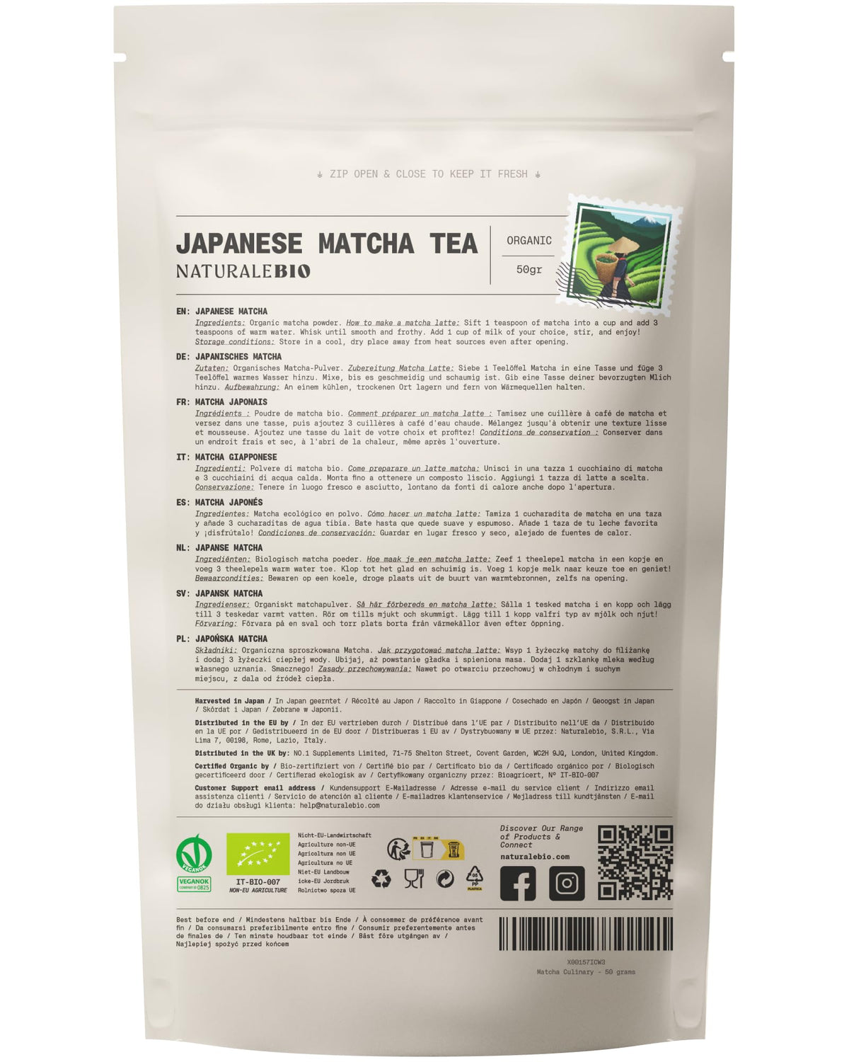 NaturaleBio Organic Premium Grade Japanese Matcha Powder L-Theanine