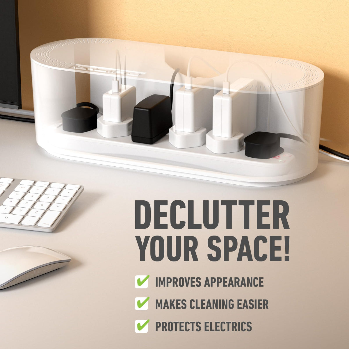 D-Line Cable Tidy Box, Hide & Conceal Extension Blocks, Desk Cable Management Solution, TV Wire Tidy, Made from Electrically Safe ABS Material - 325mm (L) x 125mm (W) 115mm (H) - Small, White