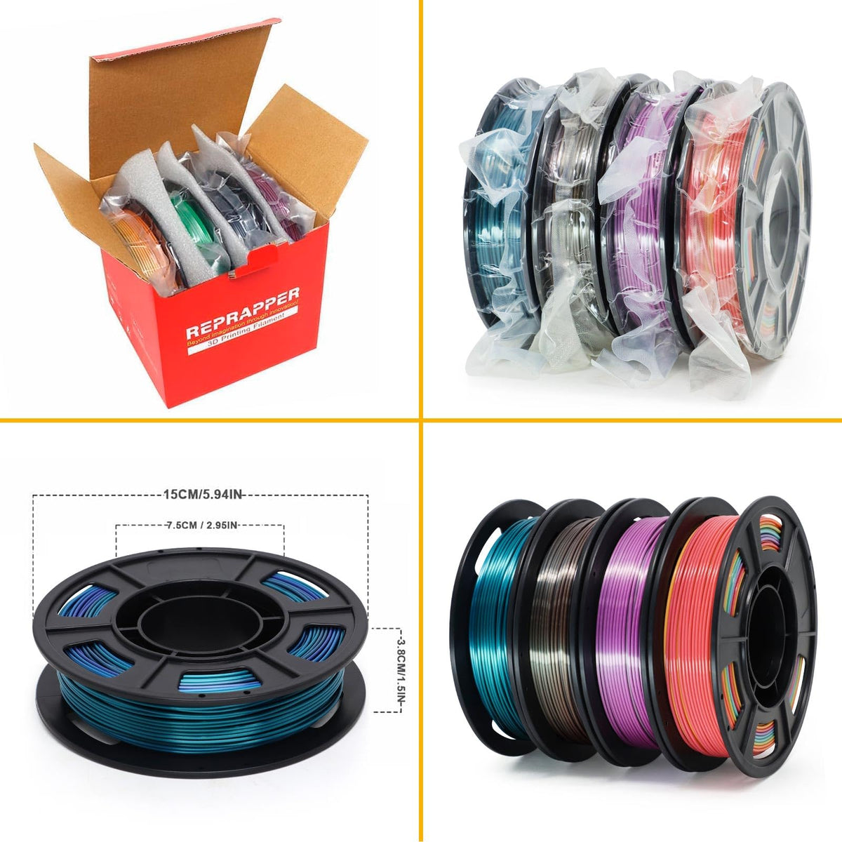 Reprapper 4X 250g Color Pack – Dual Color PLA Filament 1.75mm for 3D Printer & 3D Pen, Multicolour Filament, 4 x 250g Matte Red/Blue, Matte Purple/Green, Silk Red/Blue, and Silk Purple/Green