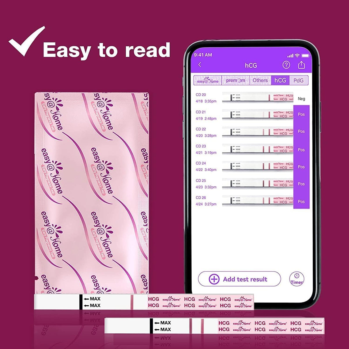 Easy@Home 20 Pregnancy Test Strips for Early Detection, Premom App Support