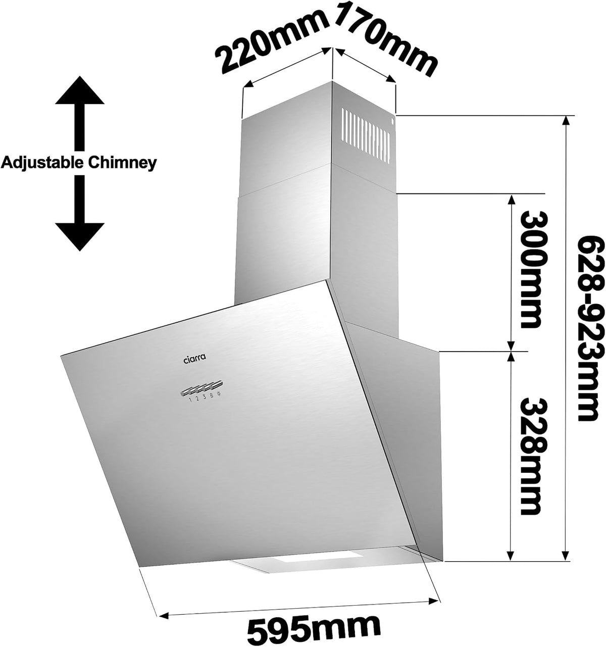 CIARRA CBCB6736C Angled Cooker Hood 60cm with CBCF002X2 Carbon Filters Recirculating & Ducting LED Lights Black Painting&Tempered Glass Wall Mounted Range Hood 600mm Kitchen Extractor Fan