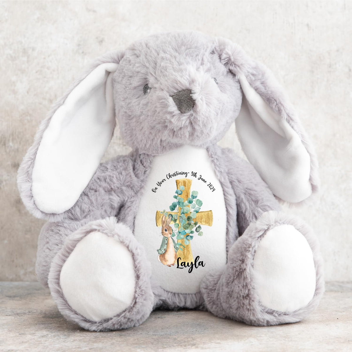 Crafted Memories - Personalised Bunny Rabbit | Custom Name & Date | Christening & Baptism Keepsake | Baby Girl & Boy | Soft Grey, White | Ideal 1st Birthday Present