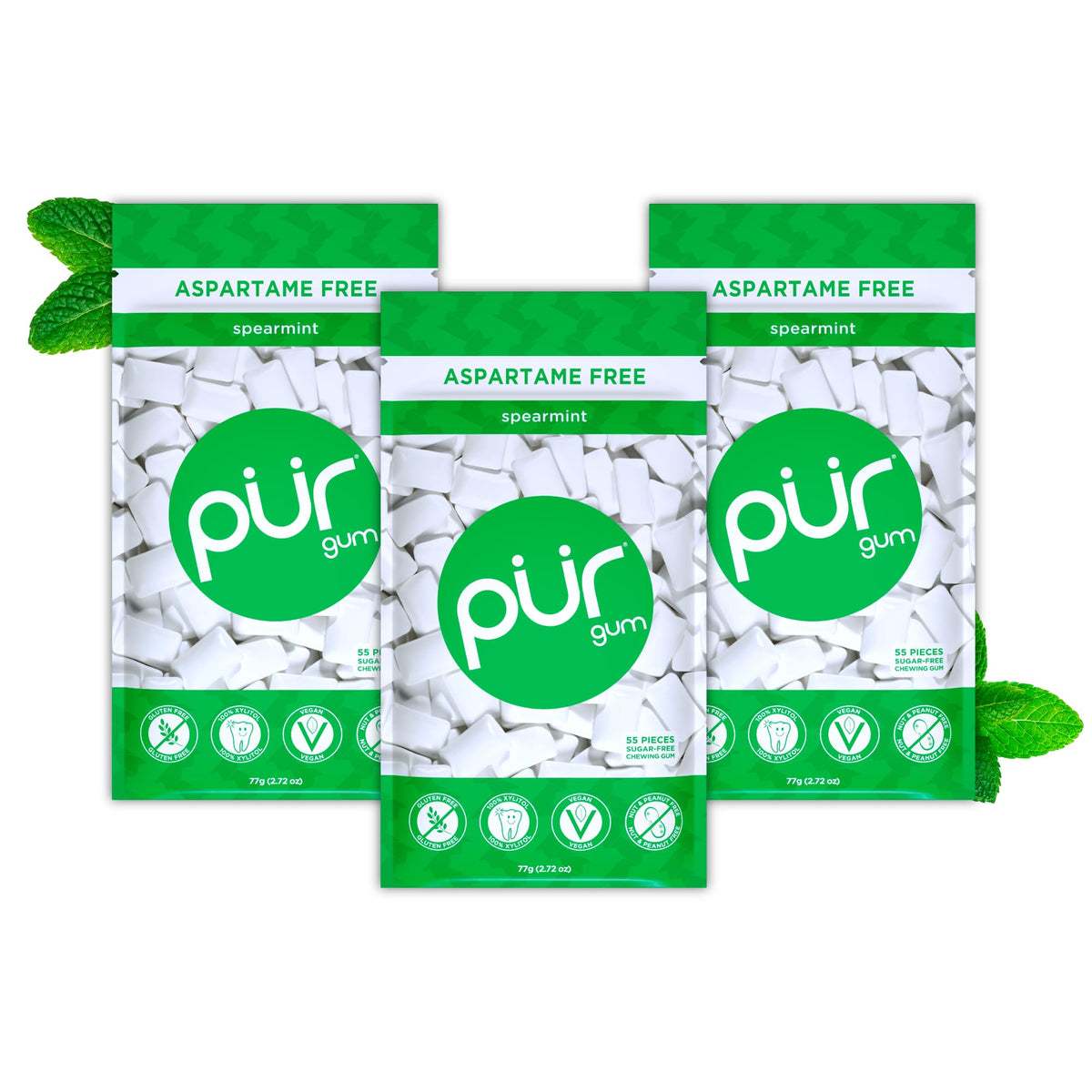 PUR Gum, Spearmint, Xylitol Gum, No Artificial flavour, 55 Count