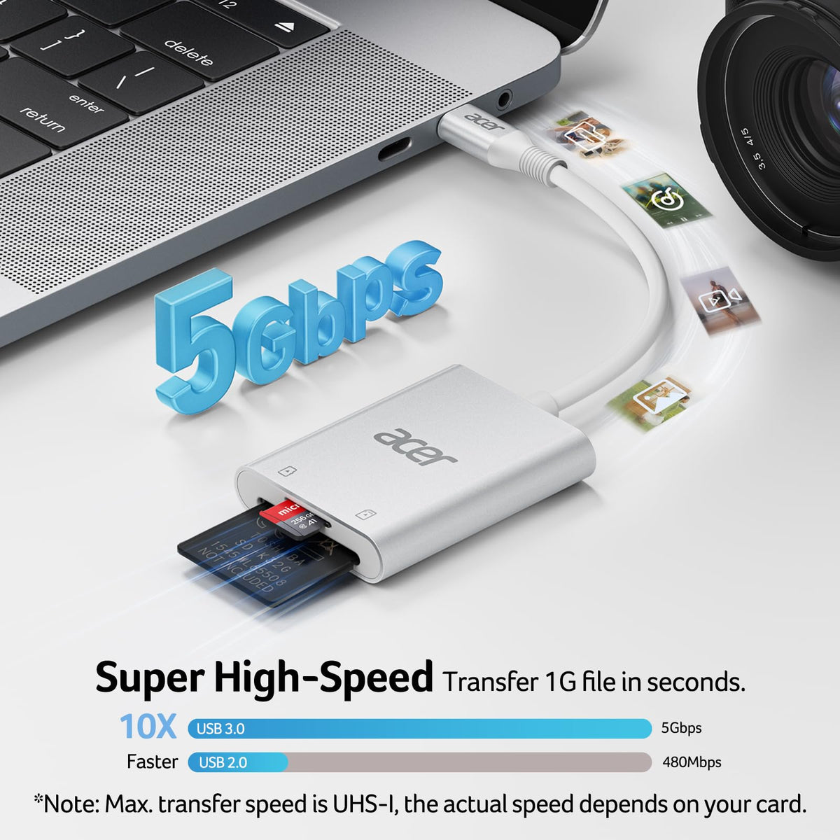 acer USB-C SD Card Reader 170MB/s, Type-C Micro SD Card Adapter Aluminium