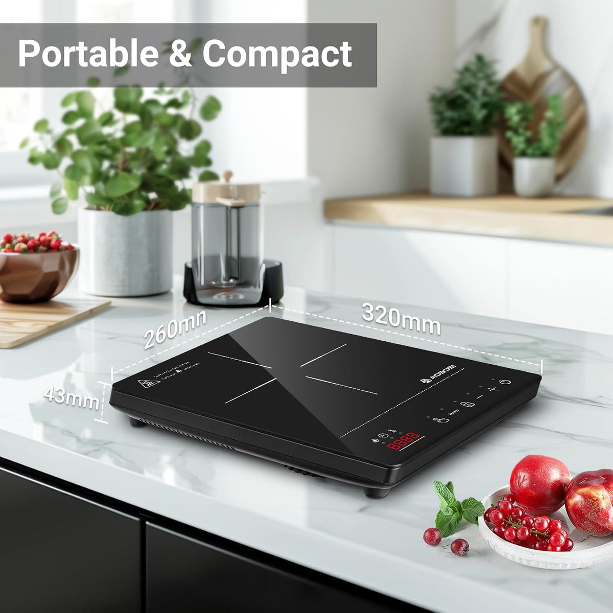 Aobosi Single Induction Cooker,Portable Induction Hob with Ultra-thin Body(32 * 26 * 4.2),20 Power and Temperature levels,Booster Function 2000W,Safety Lock,10H Timer,Black