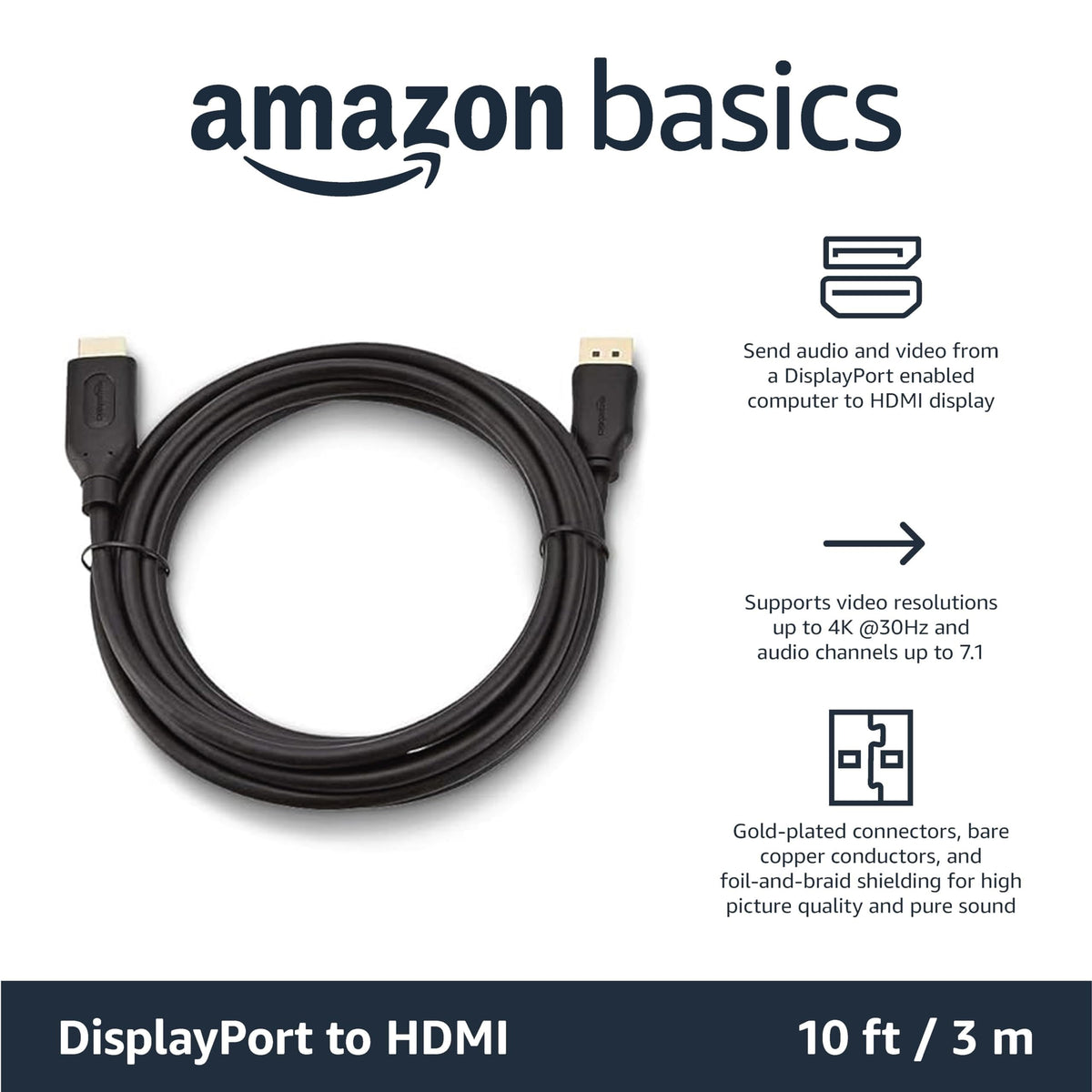 Amazon Basics DisplayPort to HDMI Display Cable, Uni-Directional, 4k@30Hz, 1920x1200, 1080p, Gold-Plated Computer Monitor Projector Plugs, 6 foot - Pack of 10, Black