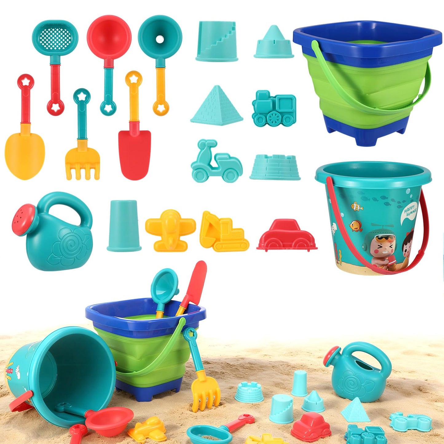 Beach Sand Toys Set, 19Pcs Sand Pit Toys With Collapsible Bucket and Spade Beach Set Kids Sand Sandpit Toys for Toddlers, Outdoor Fun Sand Toys for Boys Girls Toddlers Age 3 4 5 6 7 8