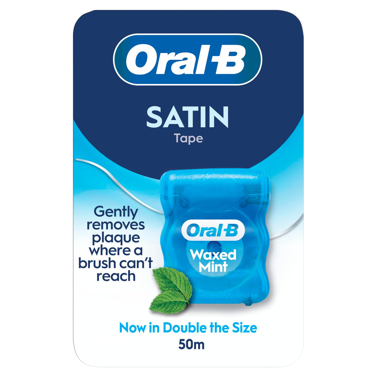 Oral-B Satin Tape Floss, Removes Plaque, Waxed Dental Floss for Tight Spaces, for a Fresh, Clean Feeling, Mint Flavour 50m Roll,2 Count