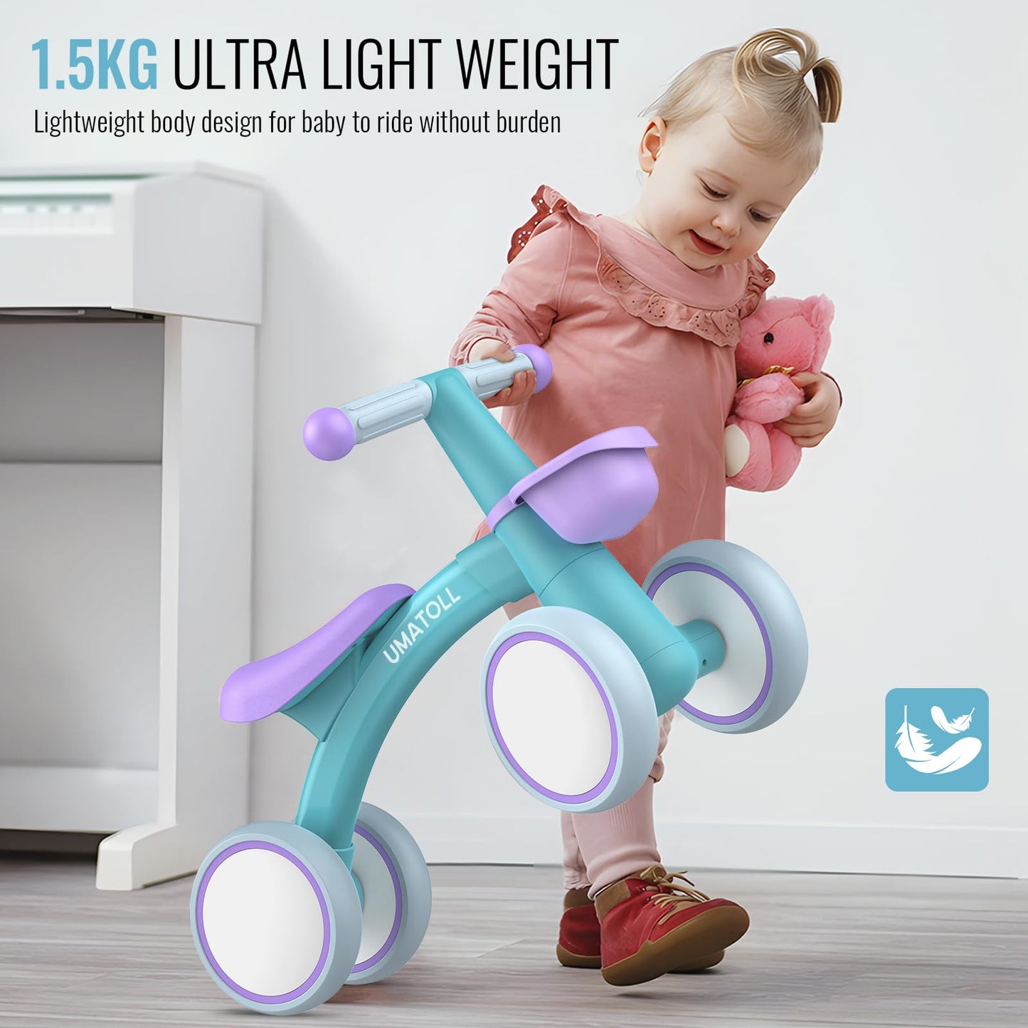 Umatoll Baby Balance Bike for 1 Year Old Boys Girls, 12-24 Months Toddler Balance Bike with Removable Basket, Adjustable Seat, 4 Wheels Infant Bike, First Birthday Gift