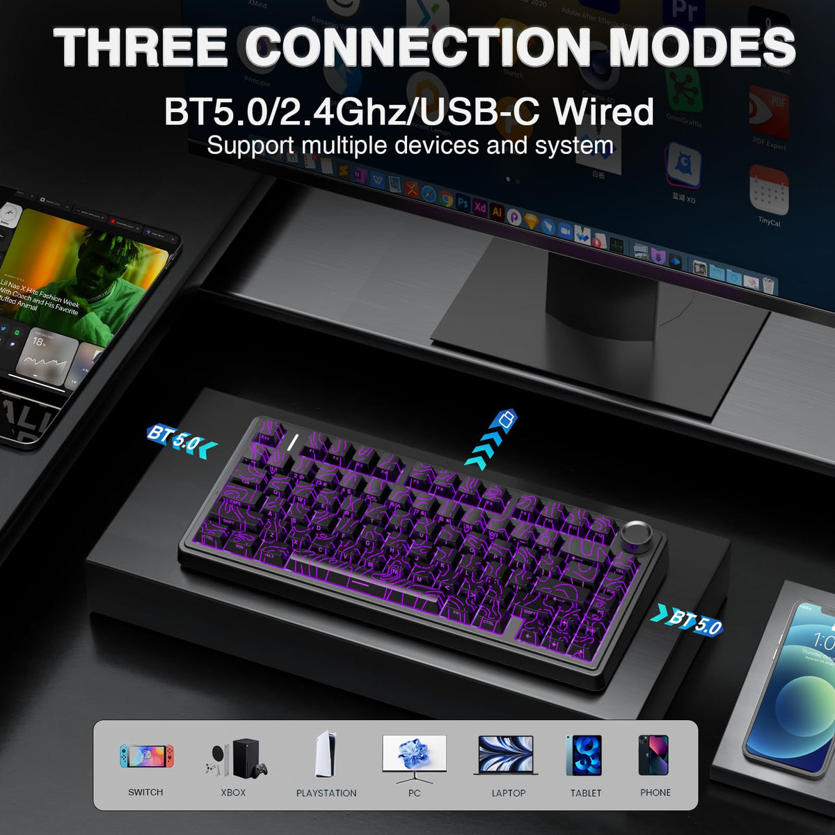 AULA F75 75% Wireless Mechanical Keyboard,2.4Ghz/Type-C/BT5.0 Gaming Keyboards,Advanced Structure,RGB Backlight,Hot Swappable Custom Keyboard for PC/Mac (Cool Black)