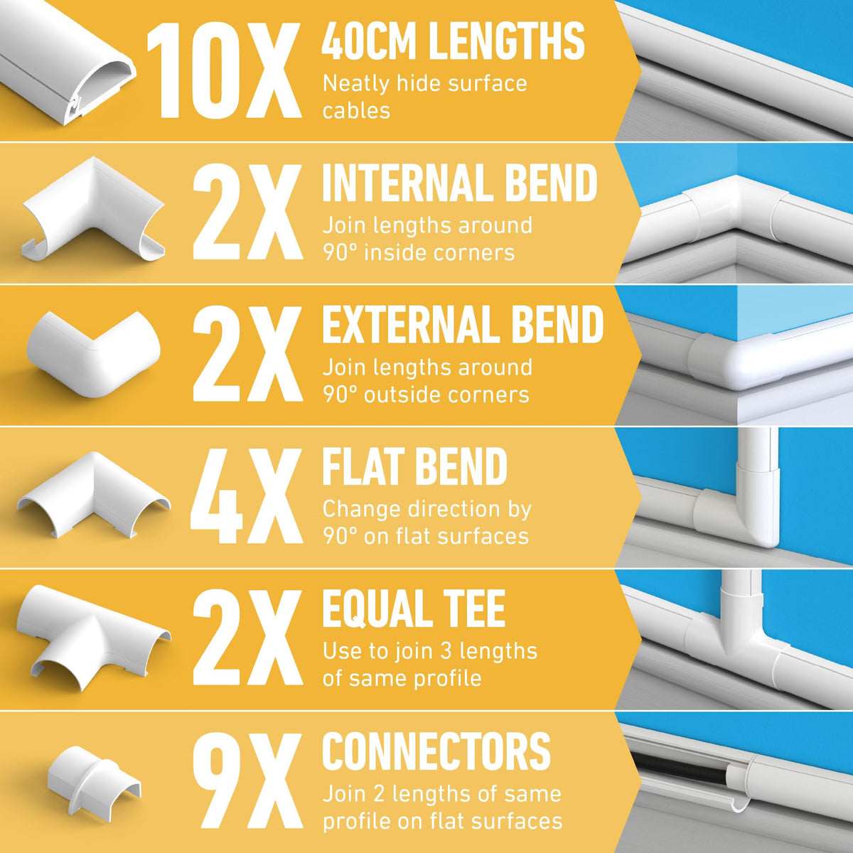 D-Line 30x15mm Cable Trunking 4m Multipack, Half Round Profile, Self-Adhesive Wire Cover, Paintable Cable Management - 10x 30mm (W) x 15mm (H) x 40cm Lengths and Accessories - White