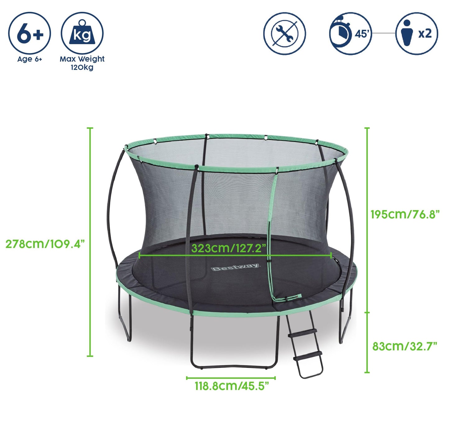 Bestway Xtreme Air Trampoline, 8ft/10ft/12ft Outdoor Round Trampoline with Fully Sewn Gap-Free Safety Enclosure Net, Ladder & Anchor Kit, 2-Year Warranty Guaranteed
