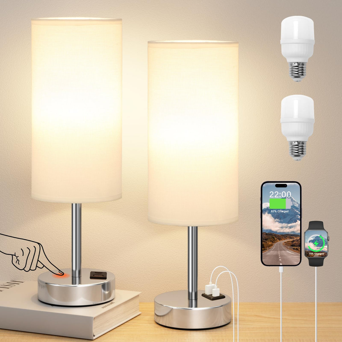 Aooshine Grey Table Lamp, 3-Way Dimmable, USB A + C Charging