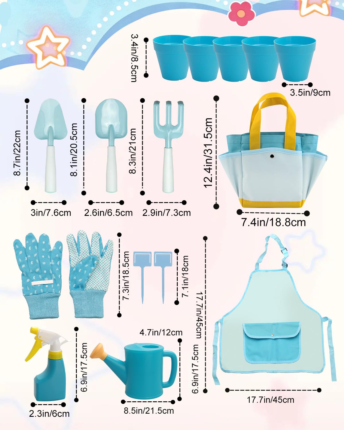 15pcs Kids Gardening Tool Set, Outdoor Gardening Set with Tools, Rake, Fork, Trowel, Watering Can, Gloves, Tote Bag & Plant Pots, Fun Garden Gift for Boys Girls Ages 3-12, Sky Blue