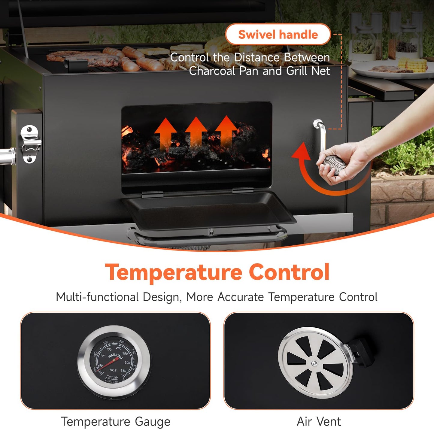 XXXL Smoker Charcoal BBQ, Portable Barbecue Grill with Wheel & 2 Folding Table, Thermometer & Adjustable Charcoal Pan, Large Outdoor BBQ Grill Smoker for Patio Home Garden Cooking