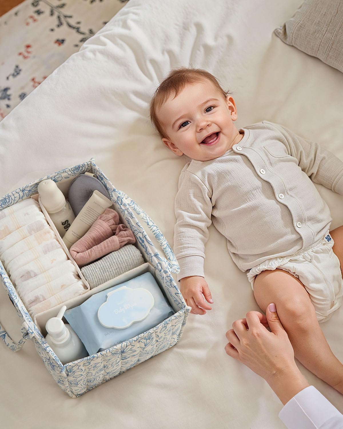 Blissful Diary Nappy Caddy Organiser, Baby Diaper Caddy for Nappy Station, Stylish Storage Basket for Newborn Essentials, Baby Shower Gifts for Girl or Boy, Woodland Cream