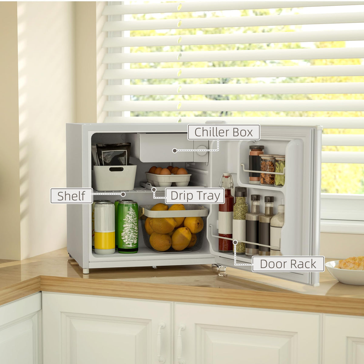 HOMCOM 46L Table Top Mini Fridge with Ice Box, Reversible Door, Cream