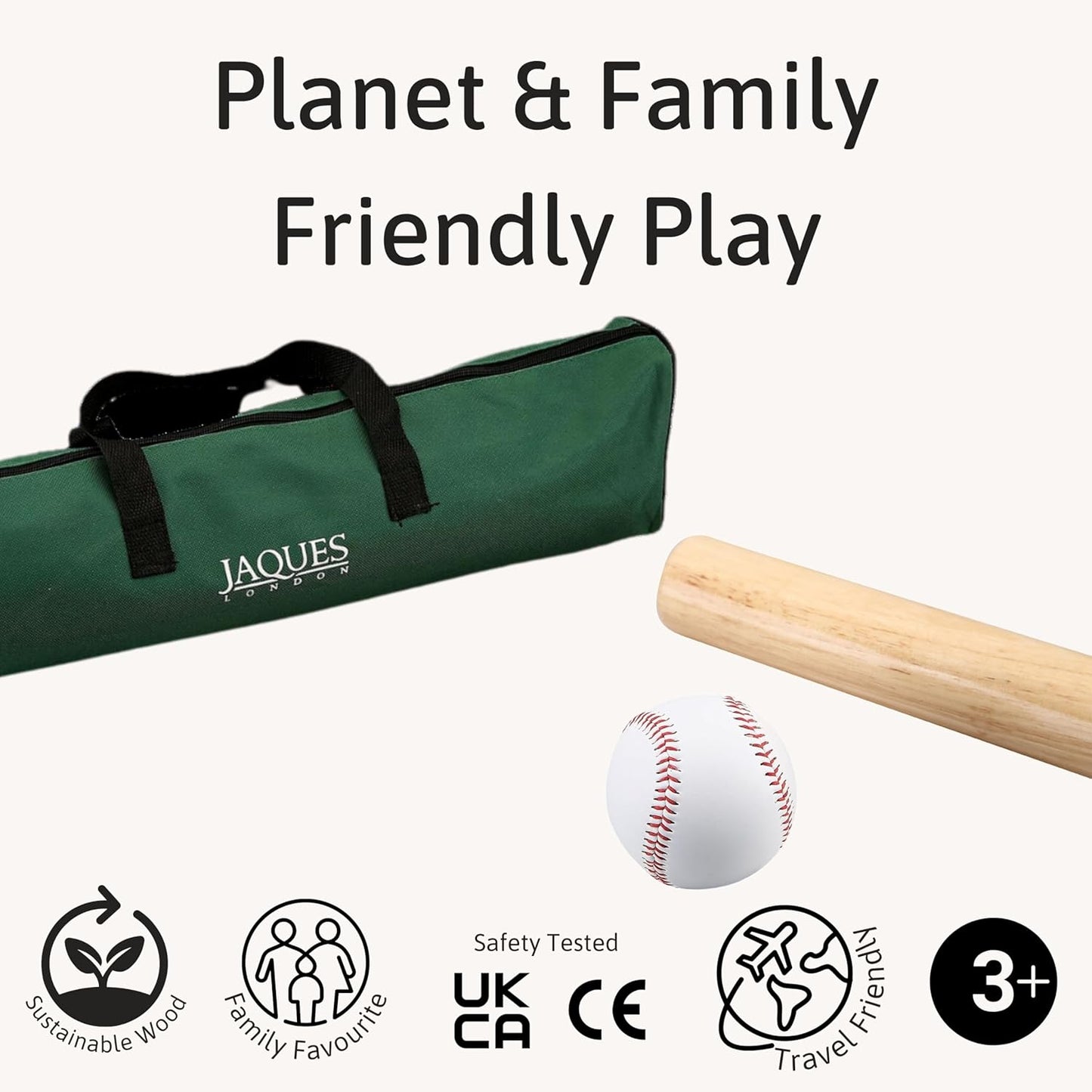 Jaques of London Rounders Set Premium Set for Adults and Kids | With Safe Play Rounders Bat and Ball | Premium Rounders Kit | Great for Outdoor Games with the Family | Since 1795