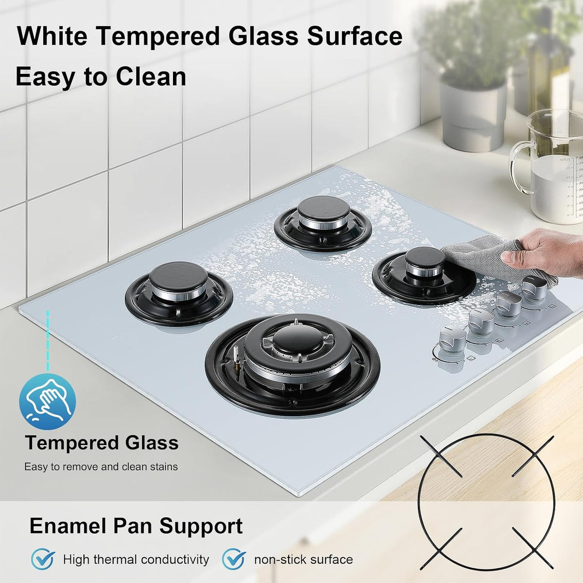 TopStrong Gas Hob 4 Burners, 60cm Black Glass Built-in Cooktop with 8060W Wok Burner & Thermocouple Protection, Natural Gas & LPG Compatible