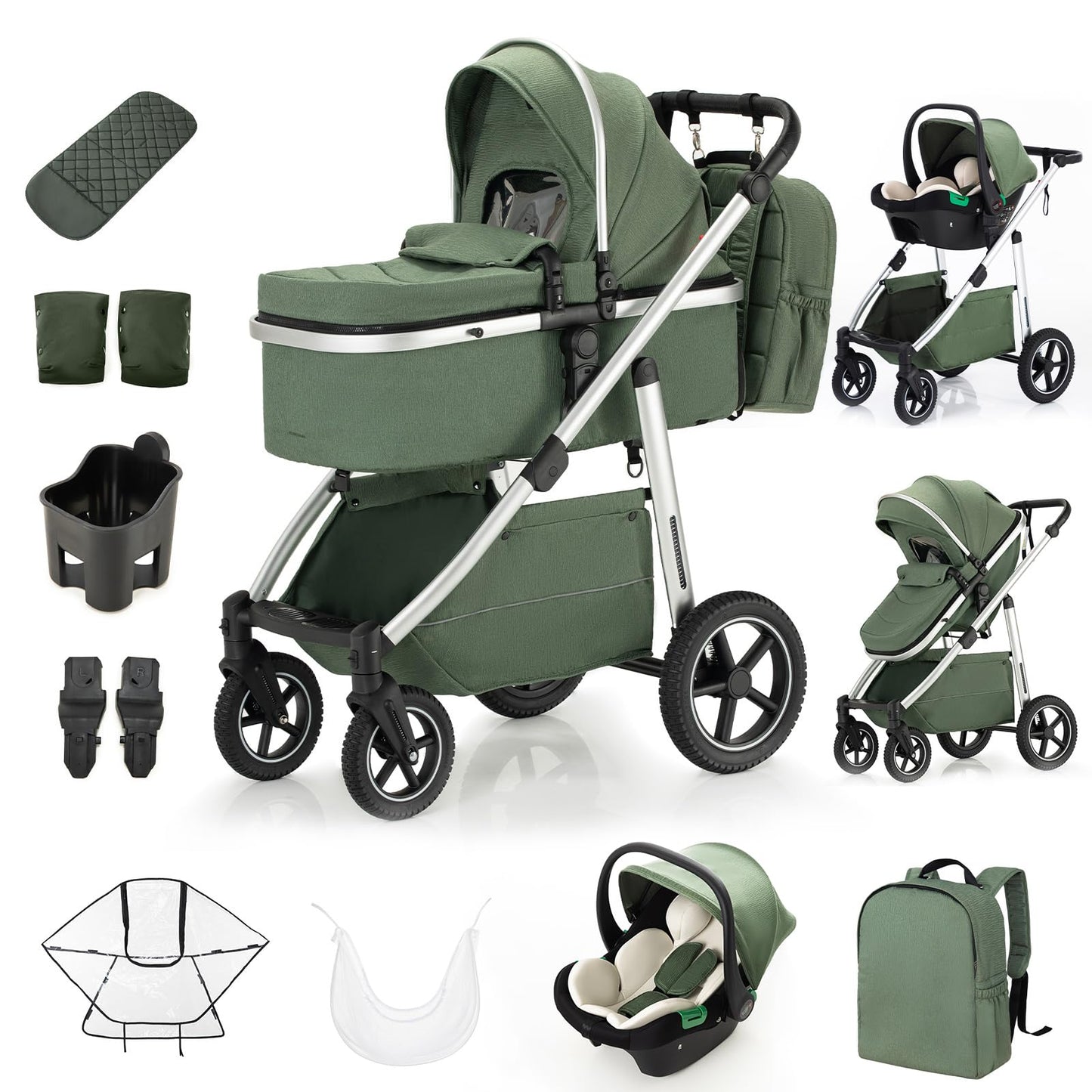 Zkipm Baby Pram 3 in 1, Foldable Baby Stroller,Pram Set Travel with Adjustable-Height Push Handle, Present Rain Cover, Mosquito Net, Bag, Cooling Mat, ect for Ages 0–3