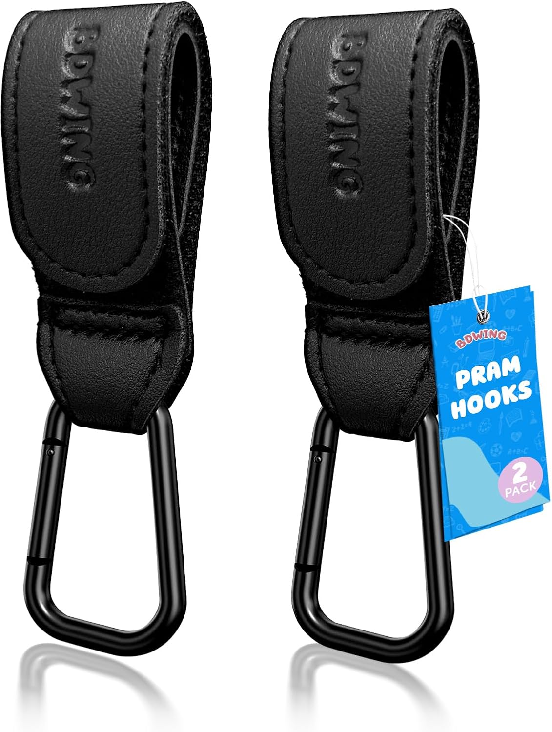 2pcs Buggy Clips for Changing Bag Handbag, Non-Slip PU Leather Pram Hook for Buggy Pram Rocker Stroller Pushchair Rollator Mobility Scooter Universal Accessories Baby Travel Essentials (Black）