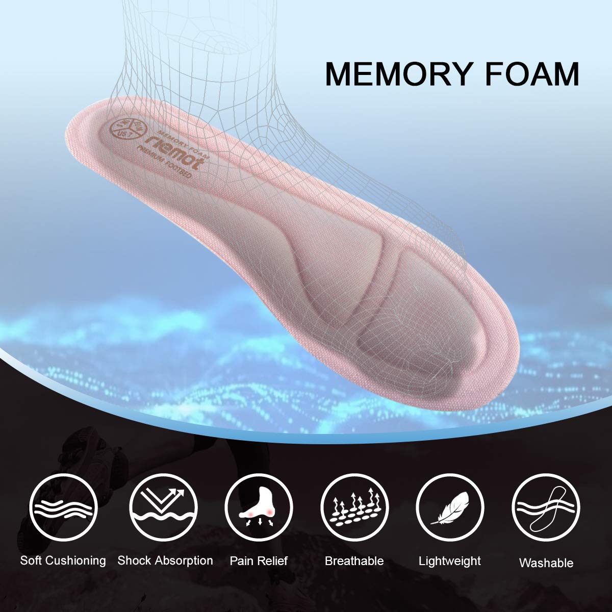 riemot Memory Foam Insoles for Men and Women - Replacement Shoe Inserts Comfort Cushioning for Sports Shoes, Trainers, Sneakers, Work Boots and Walking Shoes