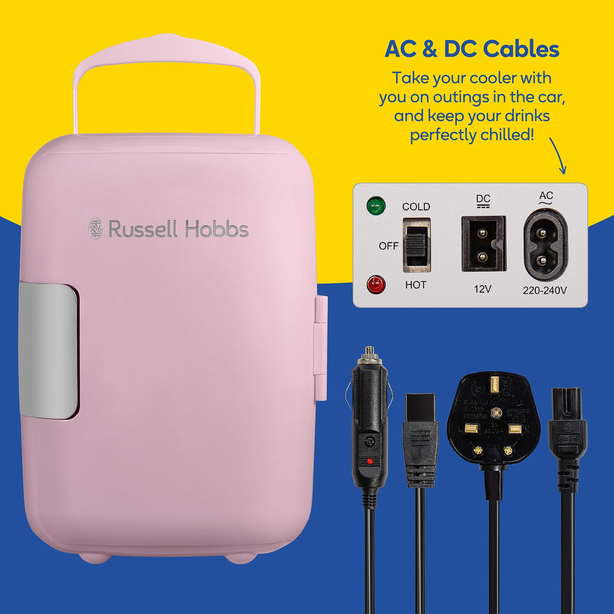 Russell Hobbs RH4CLR1001 4L/6 Can Portable Mini Cooler & Warmer for Drinks, Cosmetics/Makeup/Skincare, AC/DC Power, Retro Style, White, For Bedroom, Home, Caravan, Car