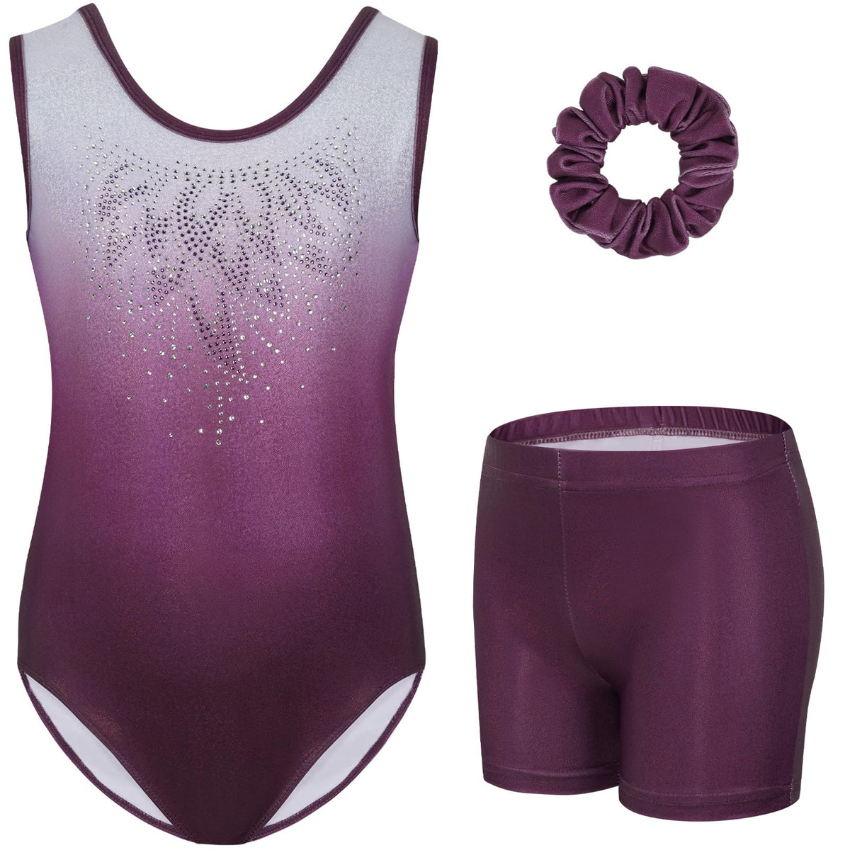 Gogokids Girls' Three-Piece Gymnastics Set, Sleeveless Leotards with Shorts and Hairband, Sparkling Ballet Dancing Unitards - Gymnastics Outfit with Gradient Color Design for 3-12 Years
