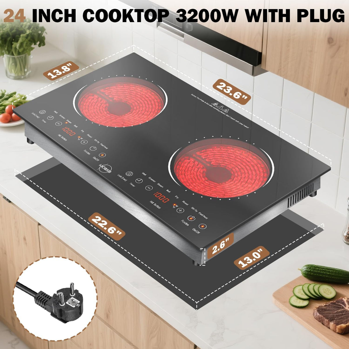 Hobsir Plug in Ceramic Hob, 2 Ring Electric Hob 60 cm