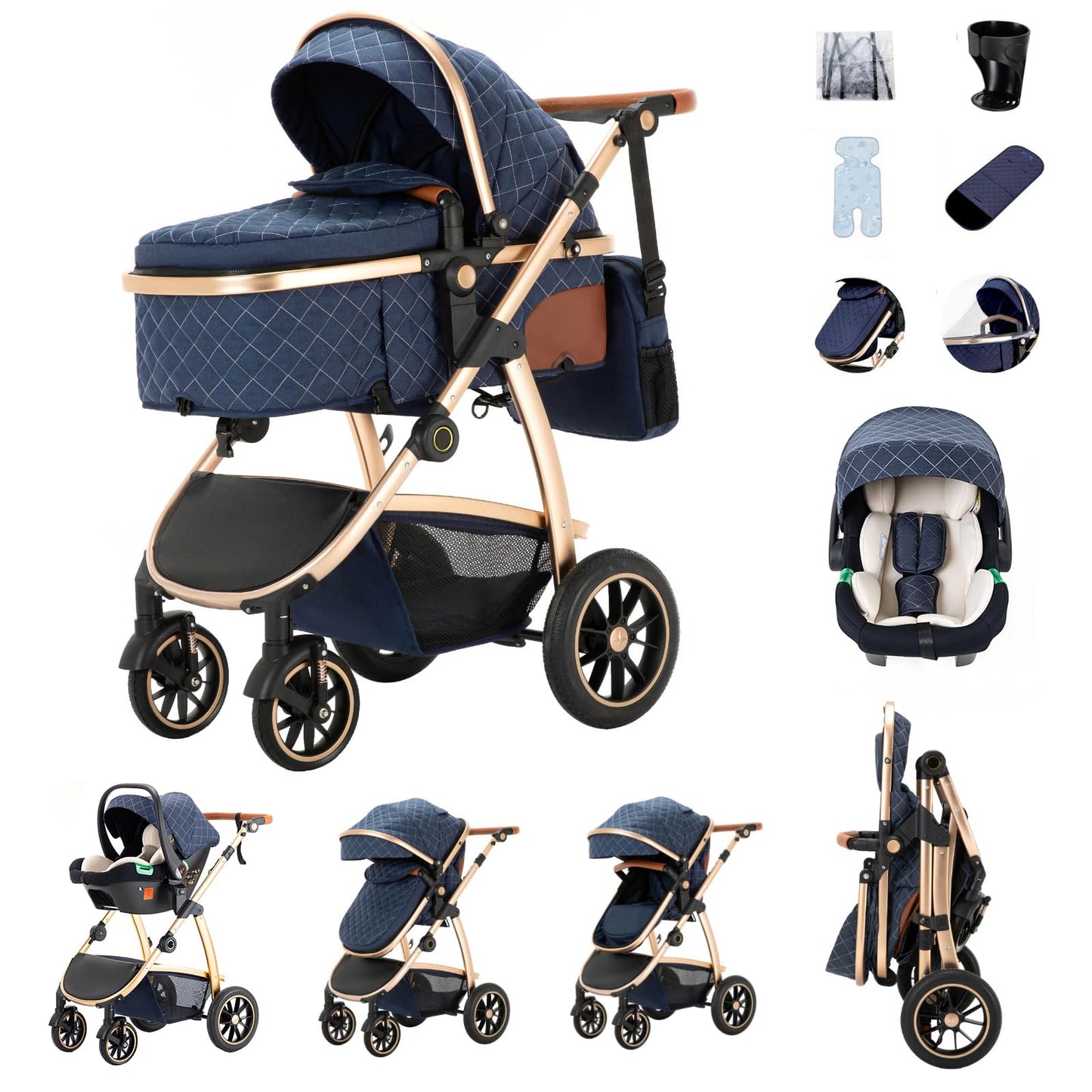 Zkipm Baby Pram 3 in 1, Foldable Baby Stroller,Pram Set Travel with Adjustable-Height Push Handle, Present Rain Cover, Mosquito Net, Bag, Cooling Mat, ect for Ages 0–3
