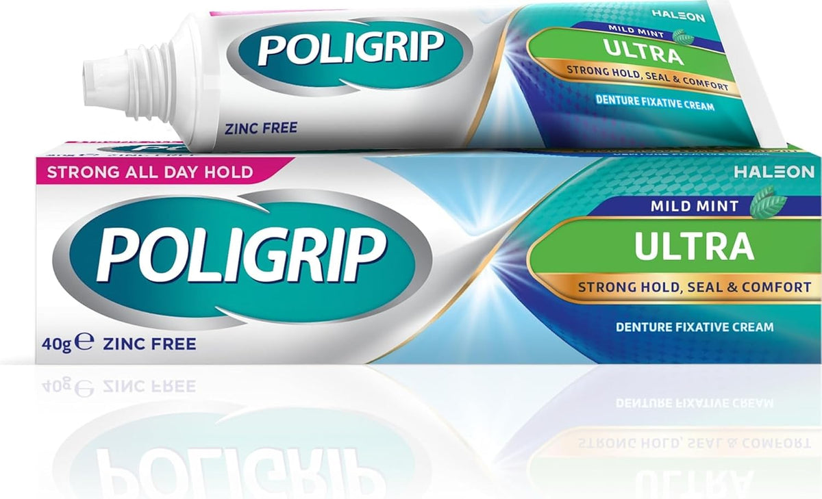 Poligrip Denture Adhesives Cream Ultra, Provides Strong all-day Hold for Dentures, 40g