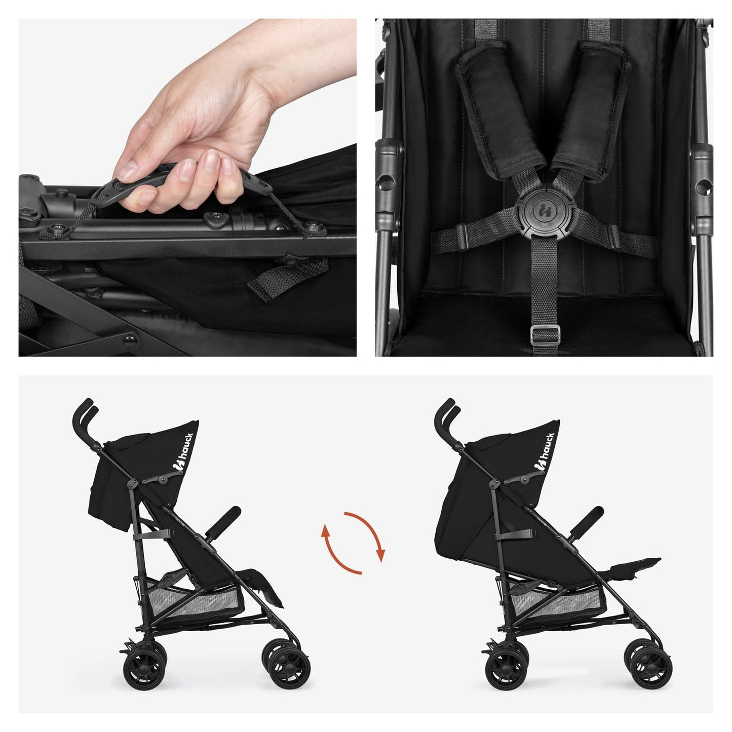 Hauck Fold N Care, Black - Lightweight Umbrella Pushchair with Raincover from 6 Months to 22 kg, Lie Flat, Compact Fold, Sun Canopy UPF 50+, EVA Wheels, Large Basket, Travel Stroller