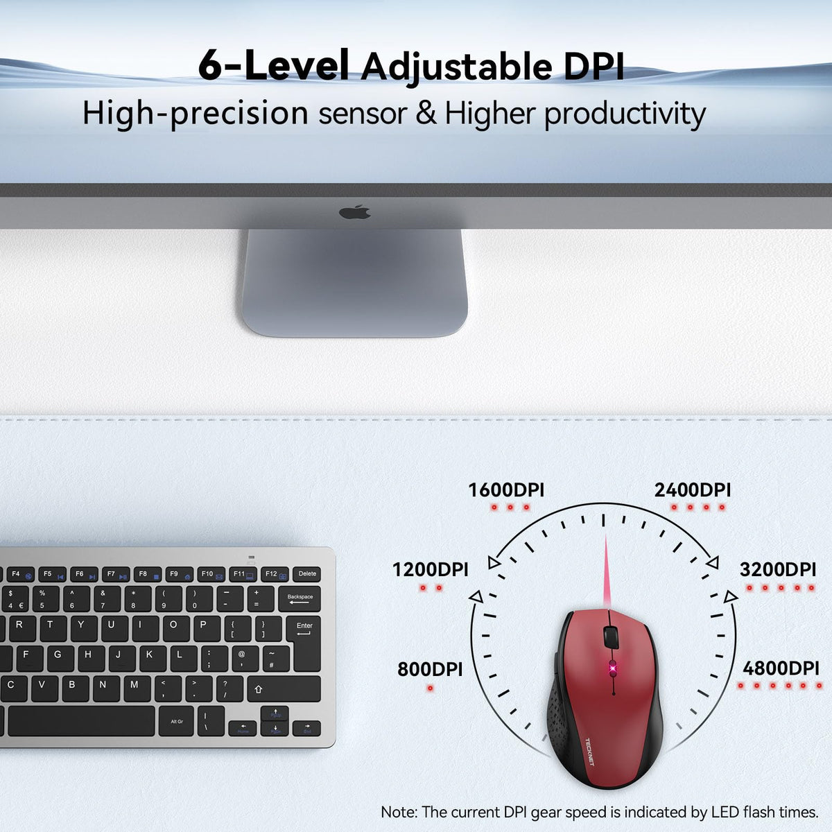 TECKNET Wireless Mouse for Laptop, 4800 DPI Optical Computer Mice with 6 Adjustable Levels, 30 Months Long Battery Life 2.4G Cordless USB Silent Mouse for Notebook, PC, Office Home Work -Grey