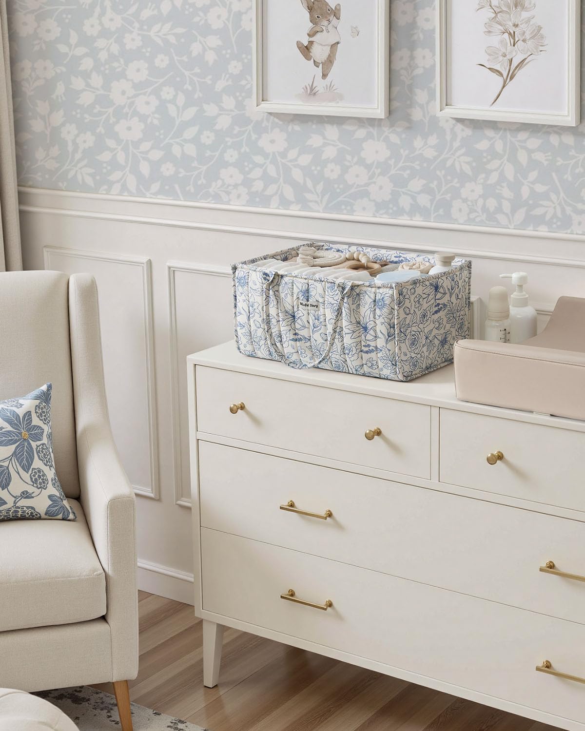 Blissful Diary Nappy Caddy Organiser, Baby Diaper Caddy for Nappy Station, Stylish Storage Basket for Newborn Essentials, Baby Shower Gifts for Girl or Boy, Woodland Cream