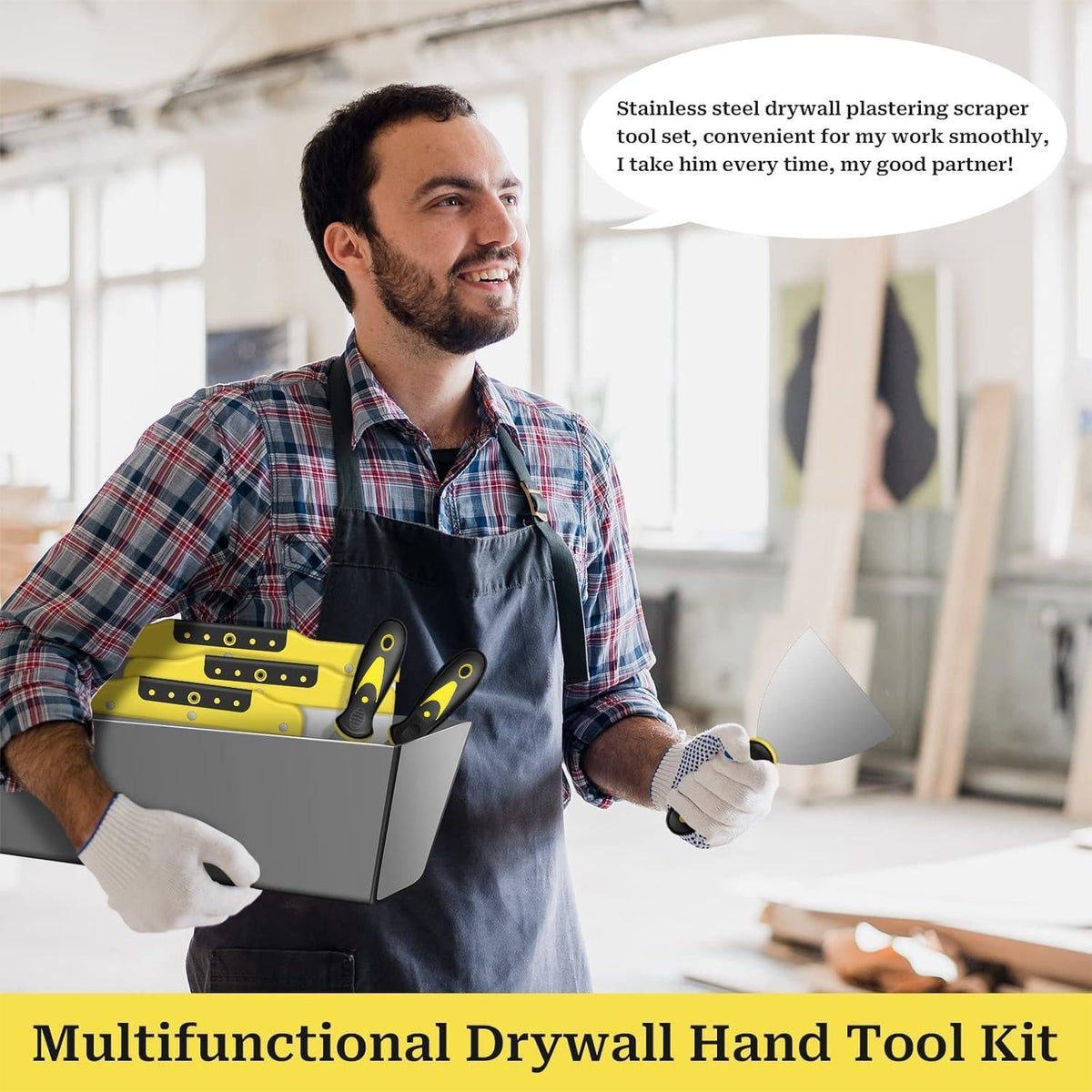 suokoun Wallpaper Scraper Set, 7 Pieces Stainless Steel Drywall Hand Tool Kit Includes Taping Putty Tool and 12" Mud Pan with Soft Grip Handle for Drywall Work