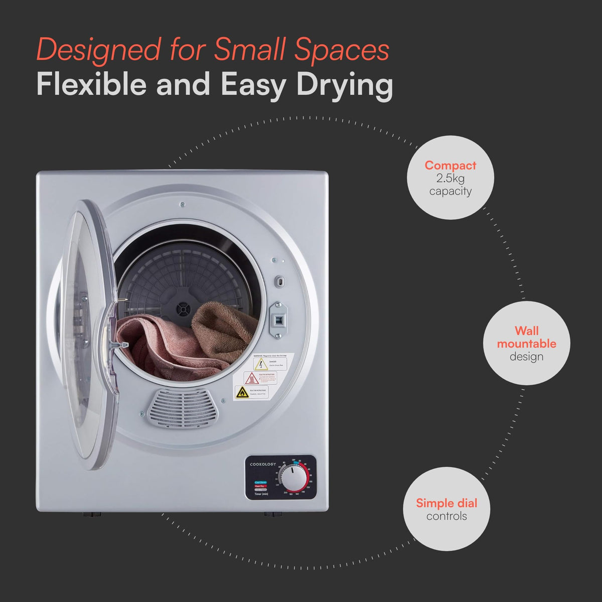 Cookology 2.5kg Mini Vented Tumble Dryer - Tabletop Design - Black