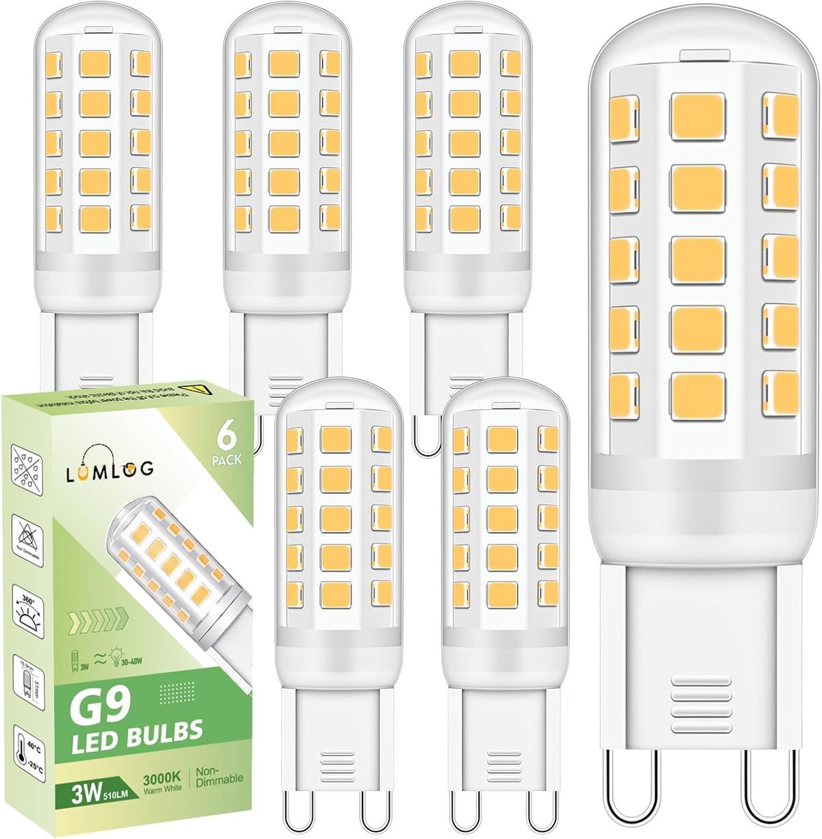G9 Led Bulbs Warm White 6-Pack, 3W 510 Lm 3000 Kelvin G9 Led Light Blubs, Equivalent to 30-40W Halogen, 220-240V No Flicker Non-Dimmable Energy Saving, for Home Lighting Decor [Energy Class C]