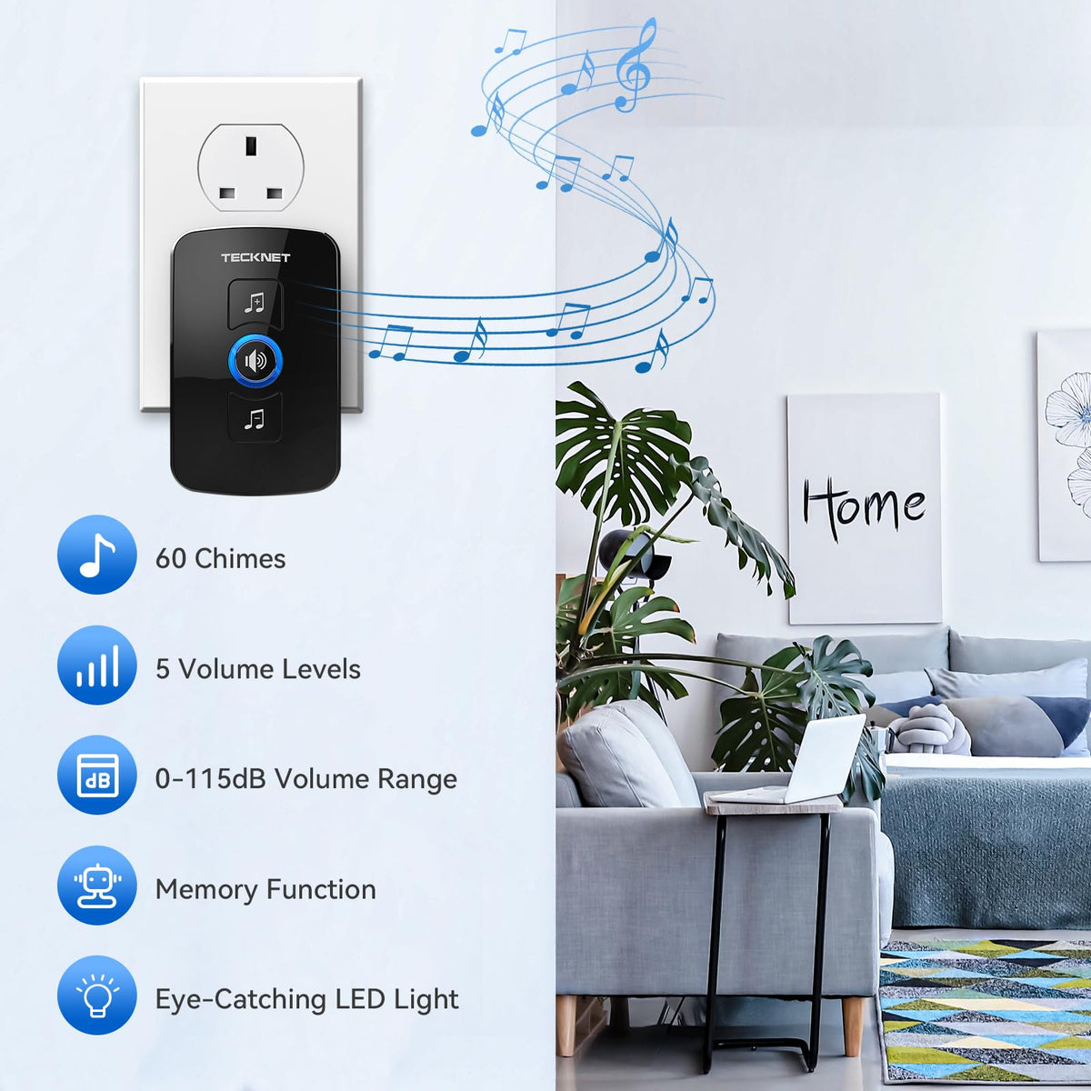TECKNET Wireless Doorbell, Wall Plug-in Door Bells Wireless Cordless