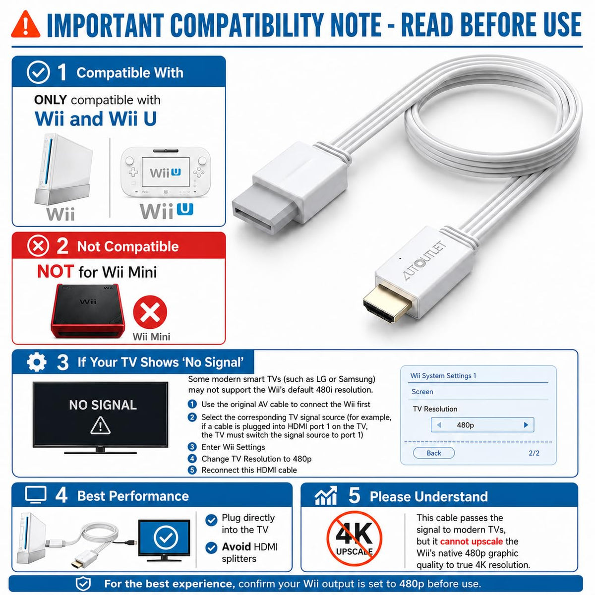 AUTOUTLET Wii to HDMI Converter 1080P 5ft/150 cm for Full HD Device, Adapter with HDMI Male Cable Output Compatible with Nintendo Wii, Wii U, HDTV, Monitor-Supports All Wii Display Modes