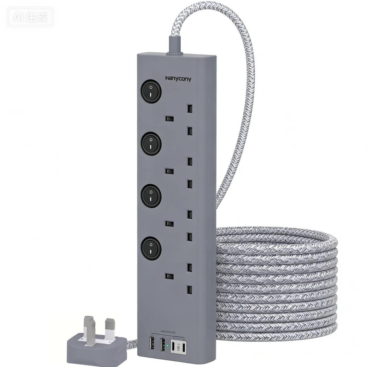 Extension Lead with USB Slots(2 USB C), 4 Way Plug Extension Socket, 1.8M
