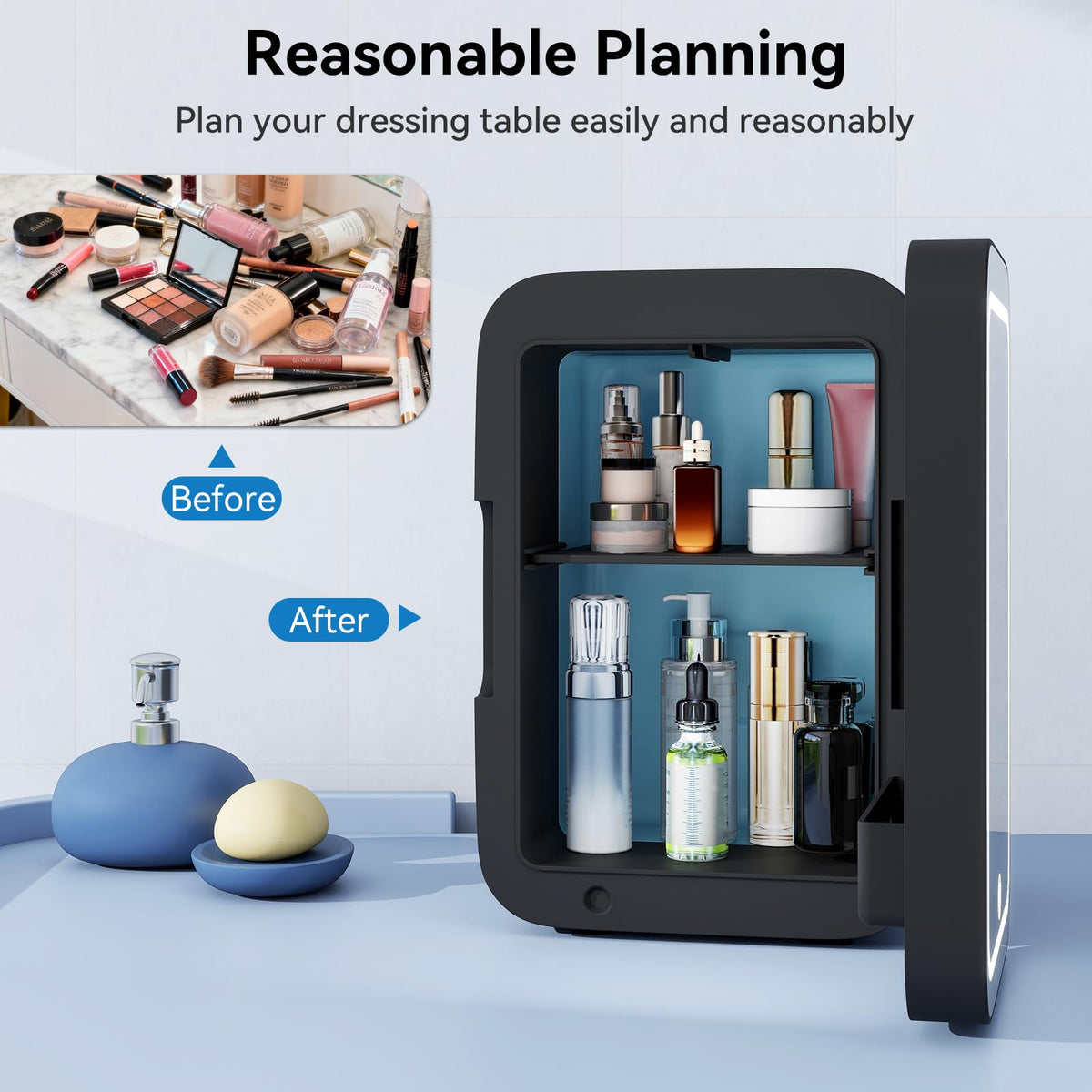 4 Liter Mini Fridge with Dimmable LED Mirror, AC/DC Skincare Fridge