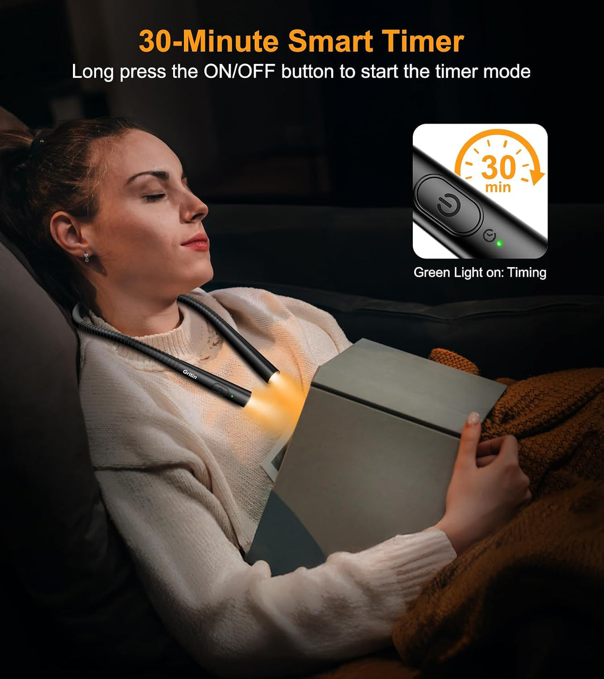 Gritin Book Light, Eye Caring 4-Color&5-Brightness Neck Light Reading Lamp