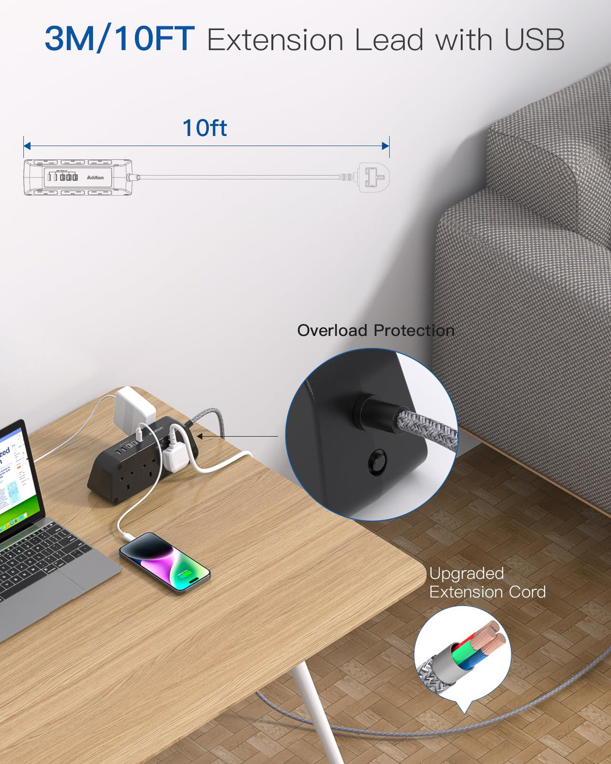 Addtam Extension Lead with USB Slots, 6 Way Outlets 5 USB(5A, 3USB- C Port)