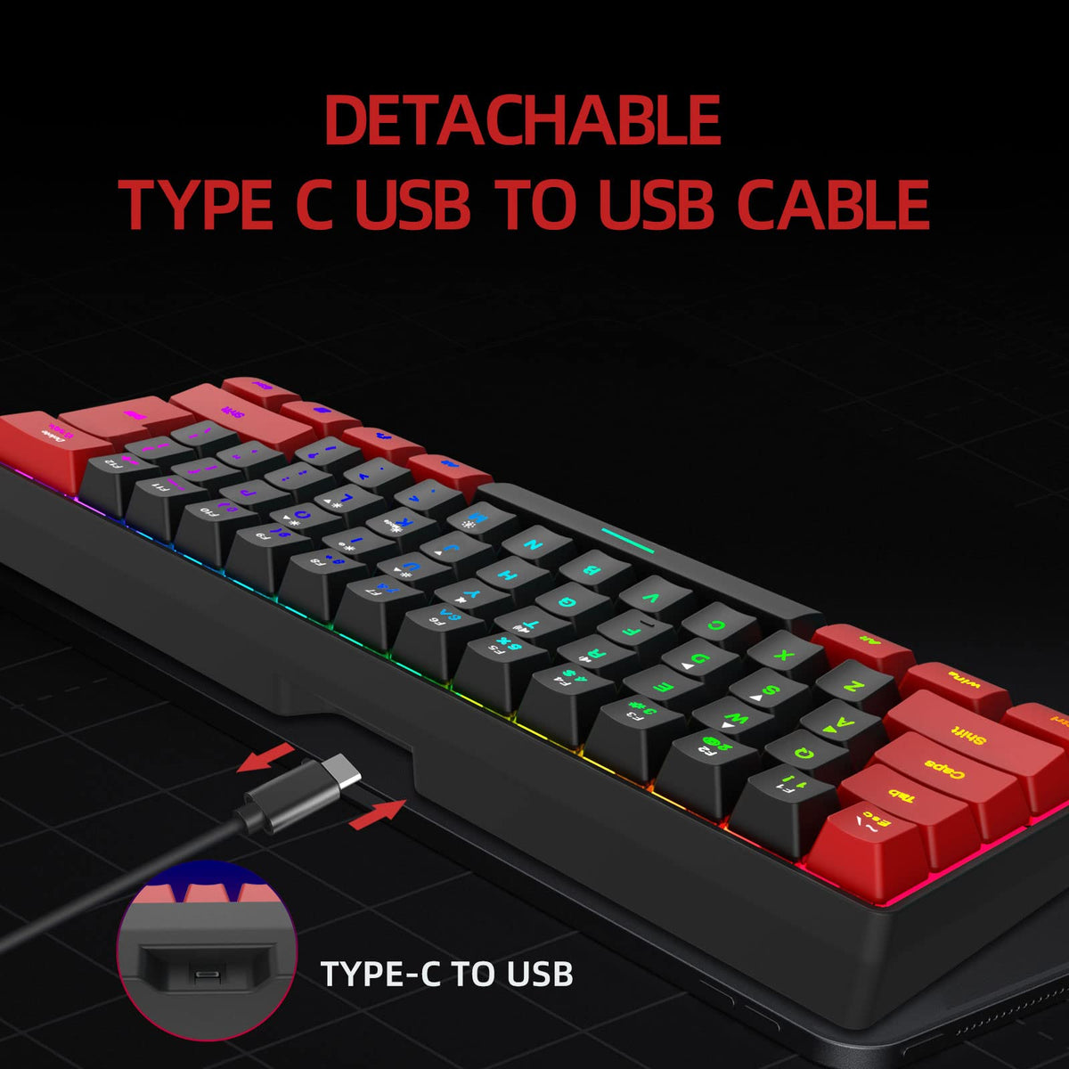 Snpurdiri Wired Mechanical Gaming Keyboard, 60% Size, LED Backlight, 61 Keys, Small Wired Office Keyboard for Windows Laptop/PC, Mac (Black-Red, Blue Switches)