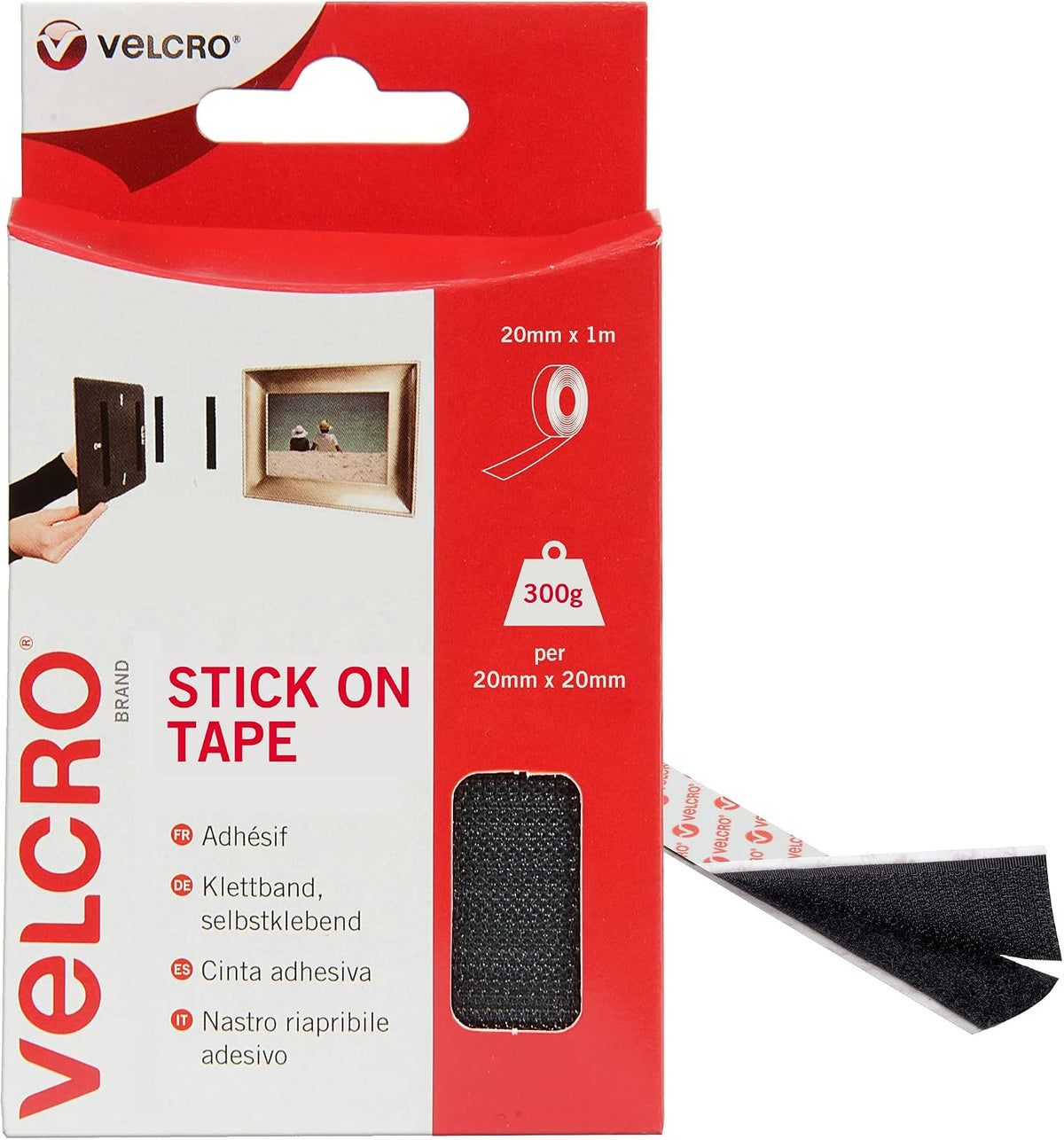 VELCRO® Brand | Stick On Tape | Cut-to-Length Strong Hook & Loop Self Adhesive Sticky Tape Perfect for Room Décor & Home, Office, Garage Use | Black | 20mm x 1m