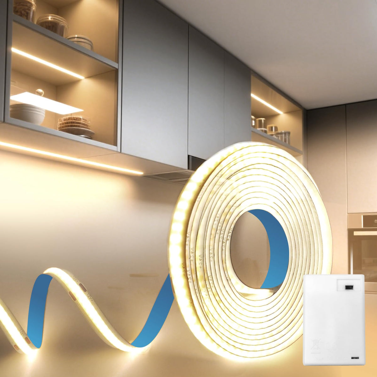 BAGZY Battery LED Strip Light COB 2M 5V Battery Powered LED Strip Tape Lights Cool White 6000K Self Adhesive Flexible Uniform Dotless Cuttable 320LEDs/M for Kitchen Mirror Bedroom Cabinet Decor