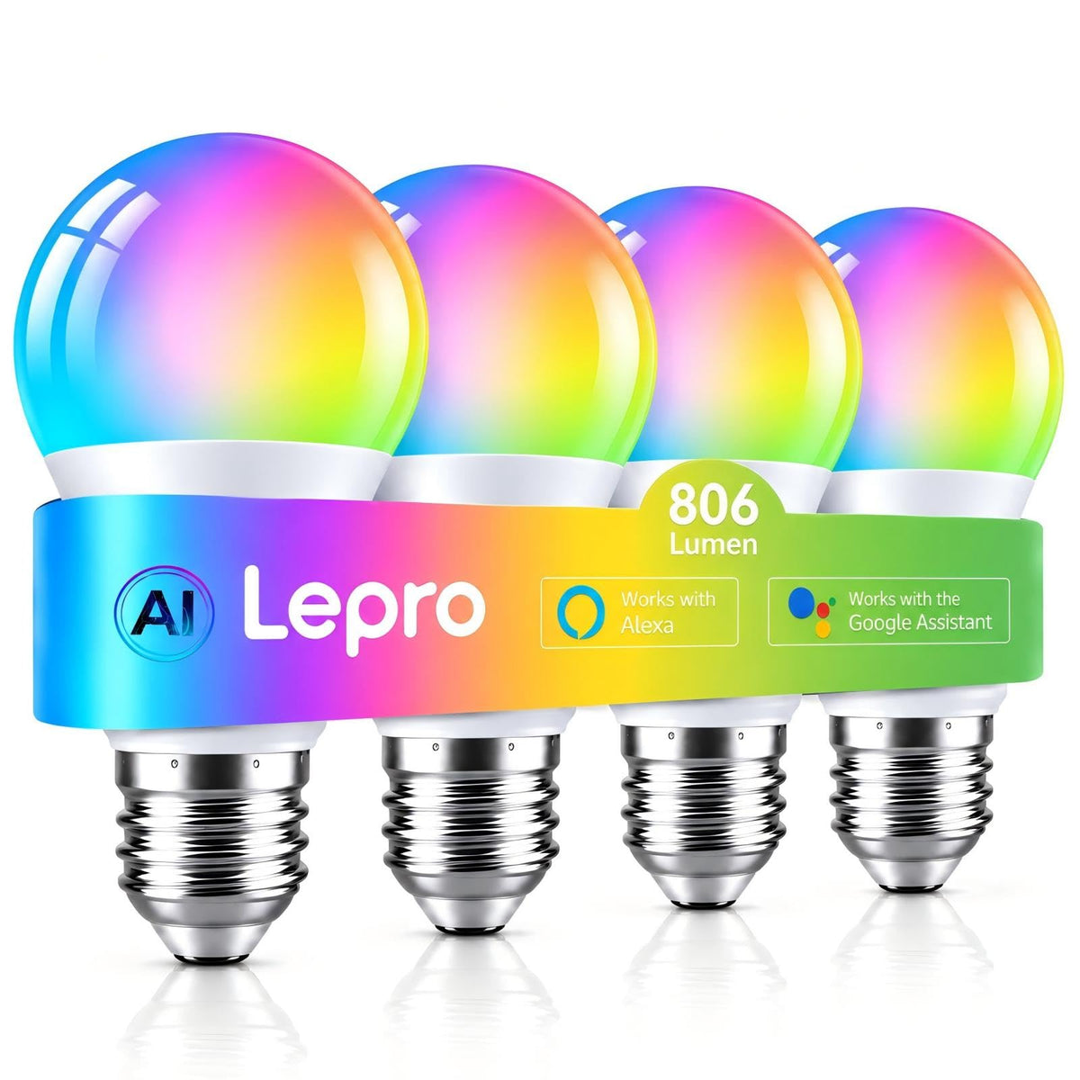 Lepro E27 Smart Bulbs, 806lm 8.5W, RGB Colour Changing, AI Lighting, 2 Pack