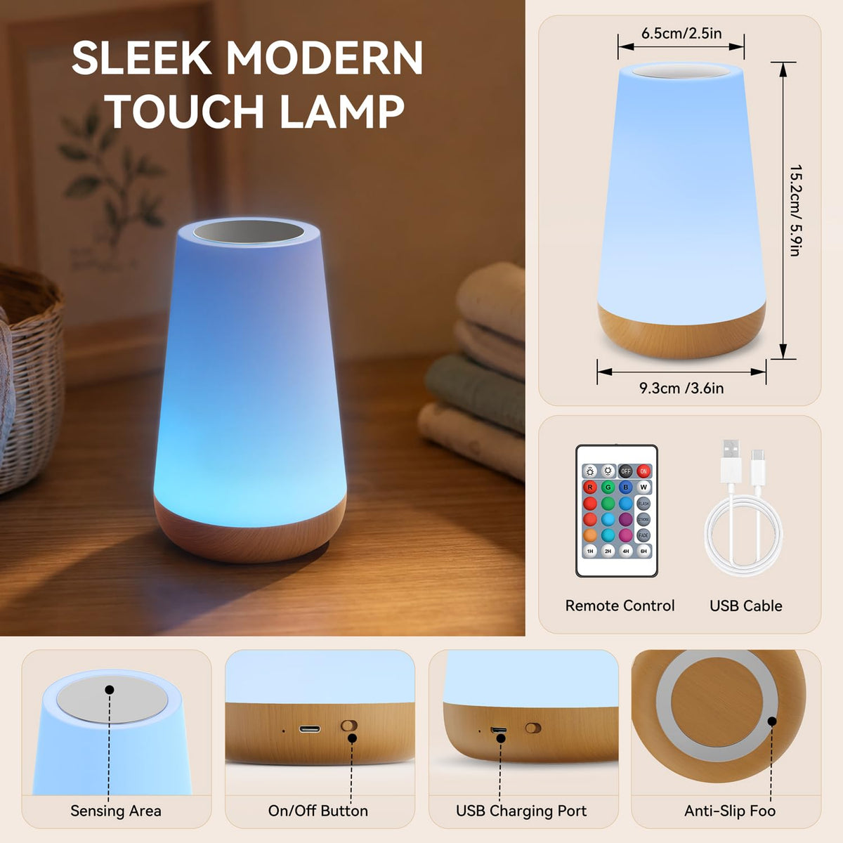 Auxmir Night Light 2 Pack, LED Touch Bedside Table Lamp, 2500mAh Rechargeable Light with RGB Color Changing, Portable Lamp for Children, Kids, Bedroom, Living Room, Camping